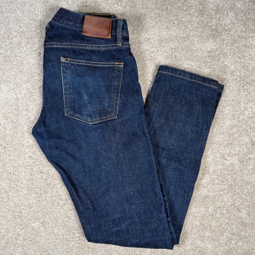 Buck Mason Mens 31 Slim Fit Dark Wash Indigo Jeans Made in USA Distressed